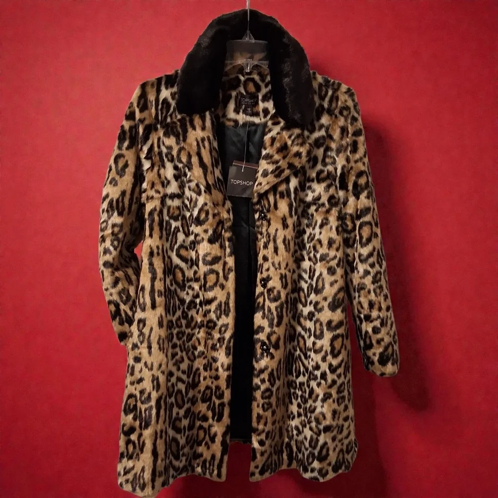 TOPSHOP Leopard Print Faux Fur Coat Mid-Length Mob Wife Style Women Size: 8